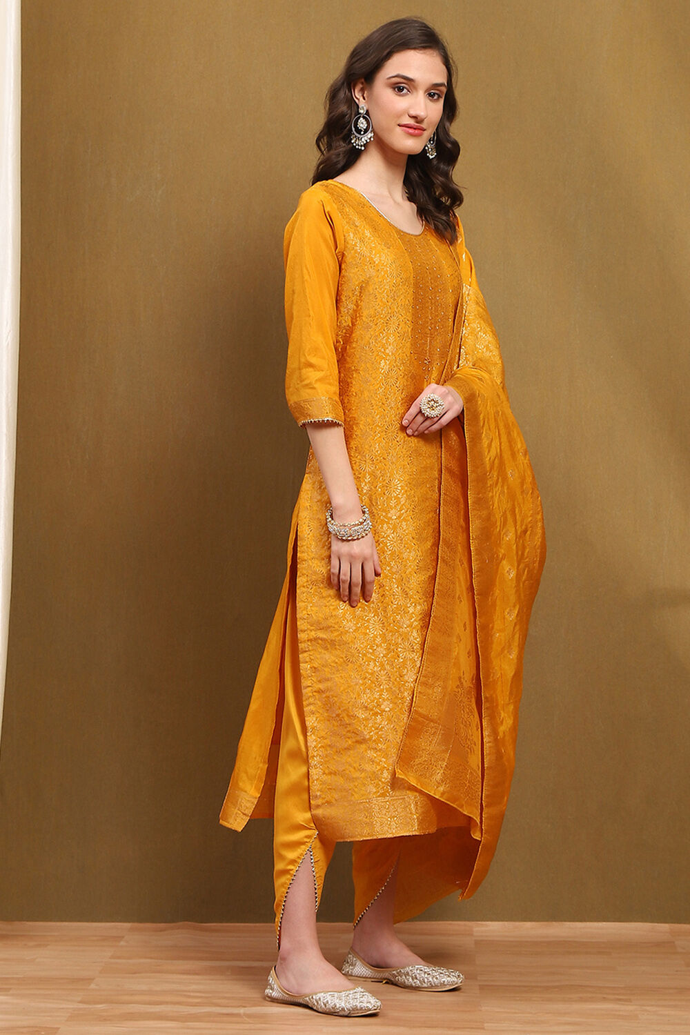 Mustard Yellow Silk Blend Woven Unstitched Suit Set image number 3