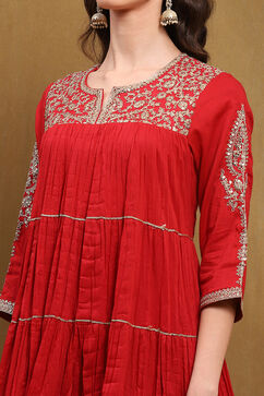 Red Cotton Embroidered Tiered Anarkali Suit Set image number 1