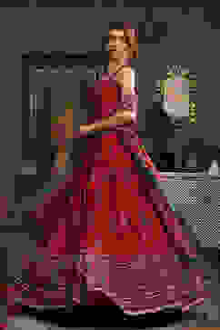 Red Chanderi Printed Fitted Lehenga Set image number 3