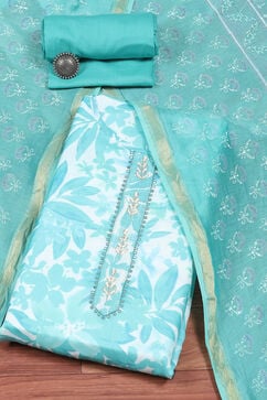 Teal Blue Silk Blend Printed Unstitched Suit Set image number 0