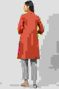 Rust Yarndyed Cotton Straight Kurta Slim Pants Suit Set image number 4