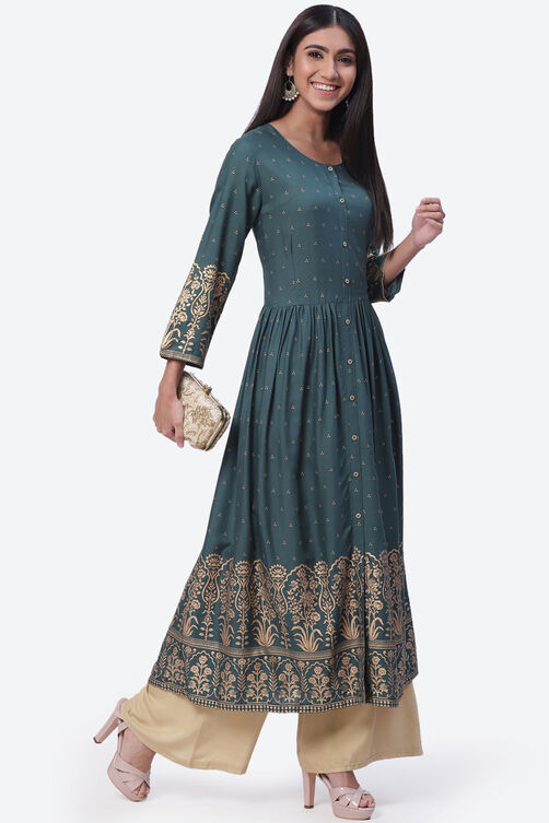 Green Rayon Flared Printed Kurta Dress image number 5