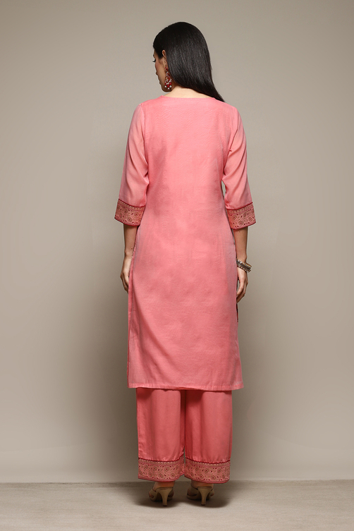 Mustard Cotton Blend Straight Yarndyed Kurta Palazzo Suit Set image number 4