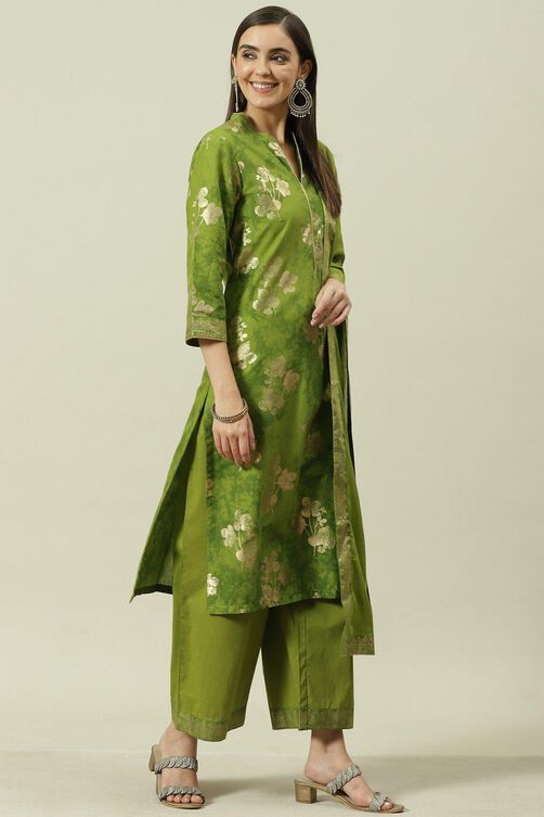 Peach Printed Cotton Straight Kurta Palazzo Suit Set image number 6