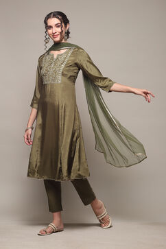 Mehandi Green Viscose Kalidar Kurta Slim Pants Suit Set image number 5