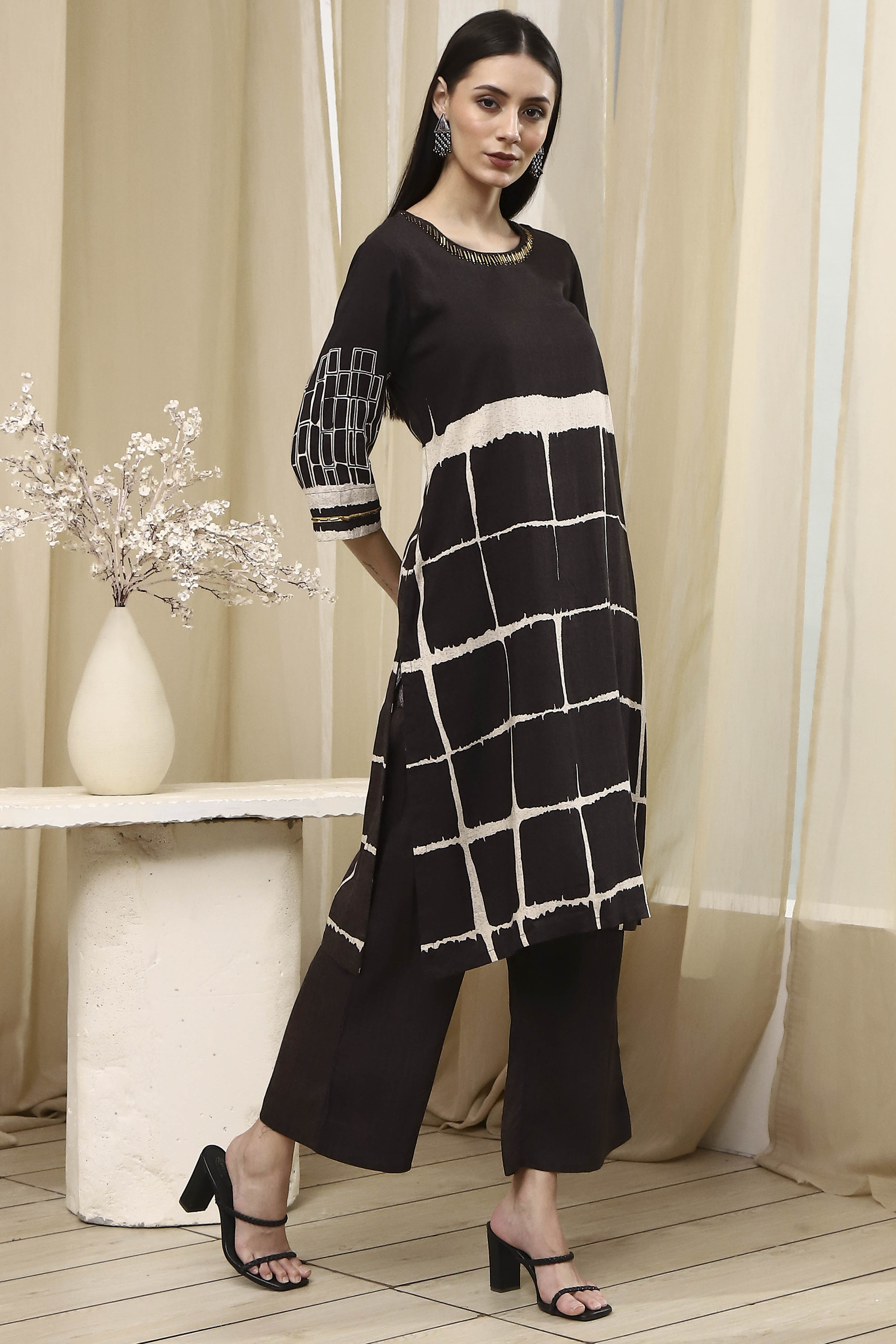 Coffee Brown Printed Straight Kurta Set image number 5