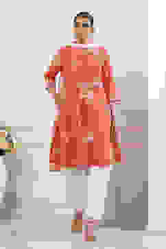 Orange and White Cotton Printed Straight Salwar Suit Set image number 6