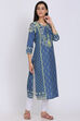 Indigo Cotton Straight Printed Kurta image number 3