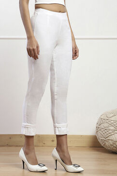 White Cotton Blend Narrow Pants image number 3