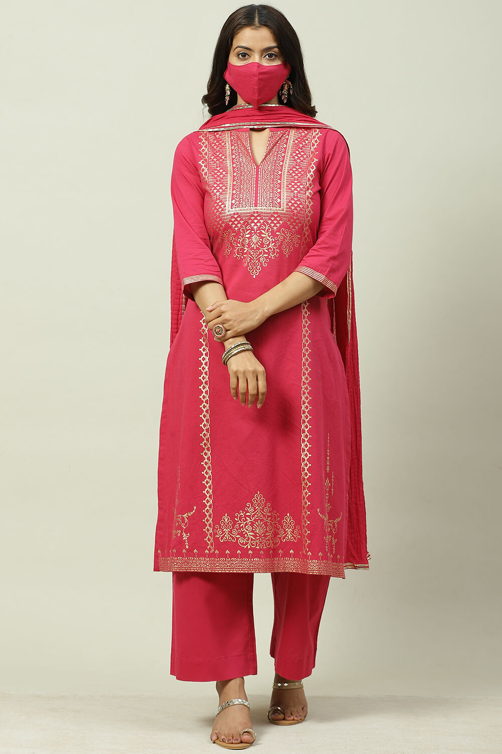 Mustard Printed Cotton Straight Kurta Palazzo Suit Set image number 0