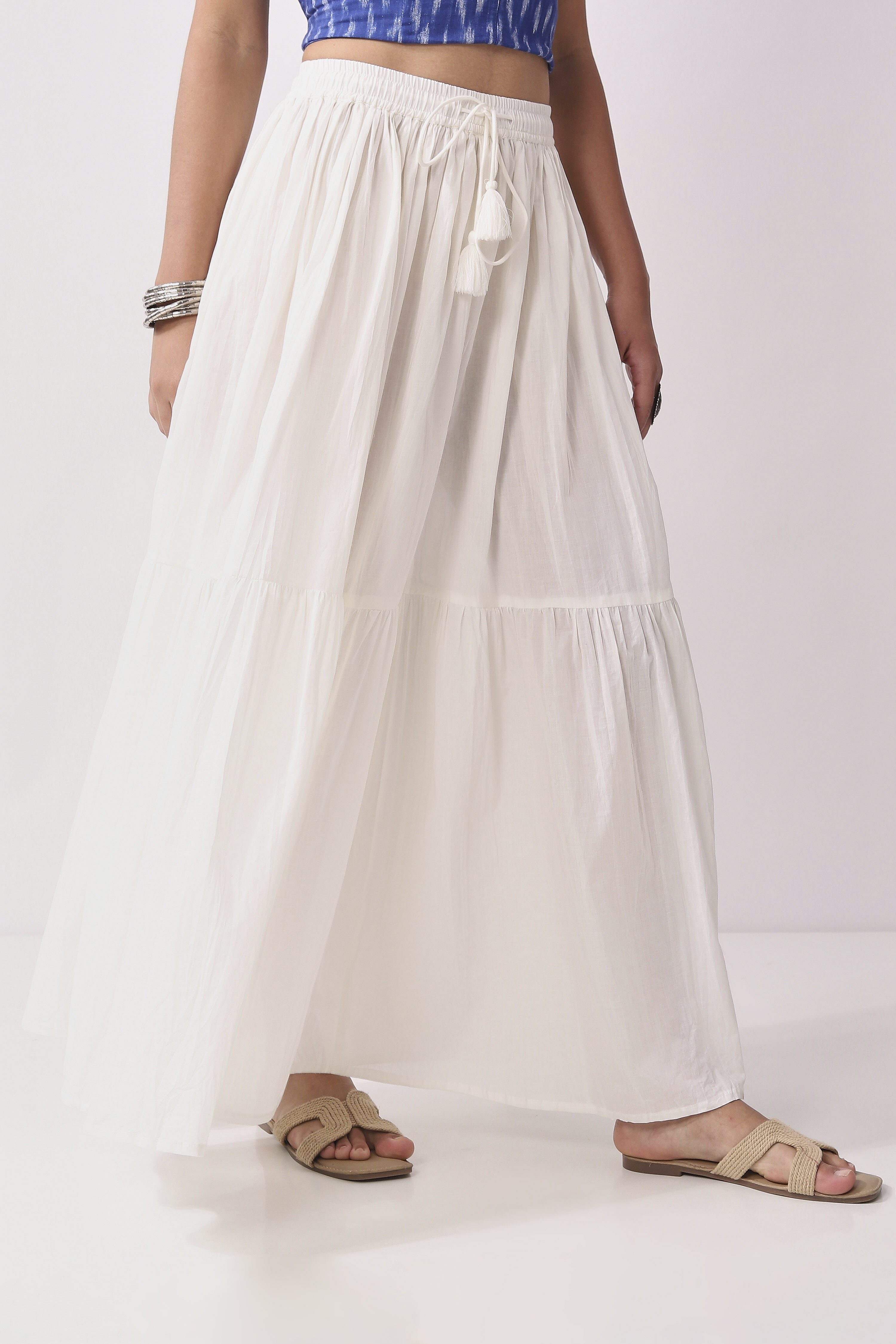 White Cotton Tiered Maxi Skirt image number 4