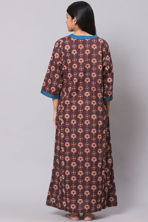 Dark Brown Straight Cotton Printed Sleepwear image number 4