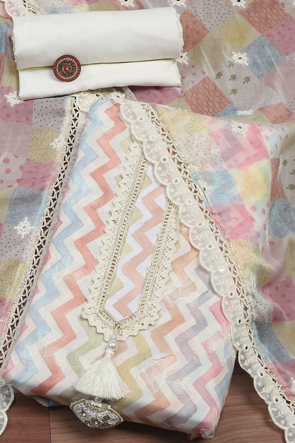 Cream Cotton Schiffly Unstitched Suit Set image number 0