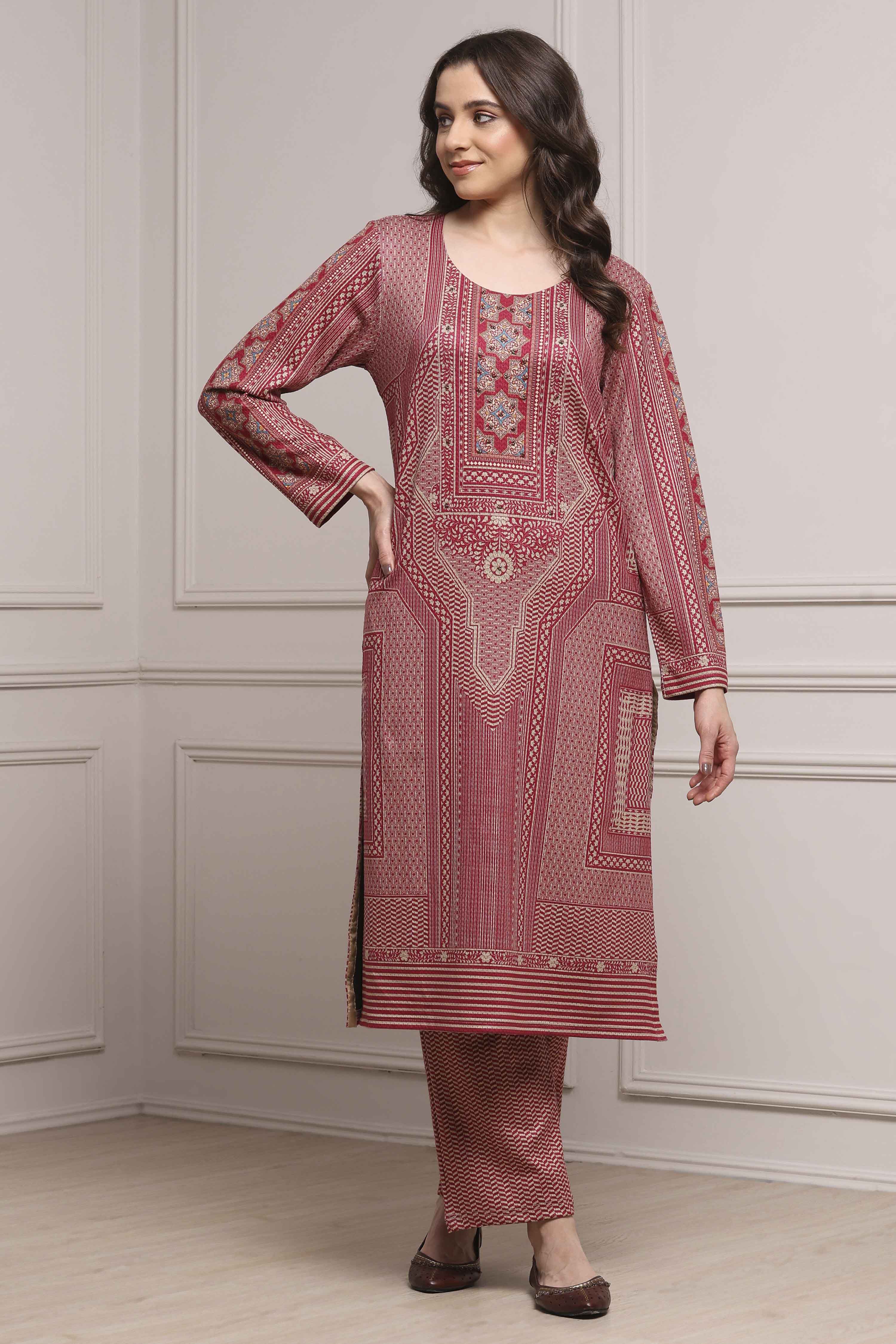 Pink Polyester Straight Printed Kurta Pants Set image number 6