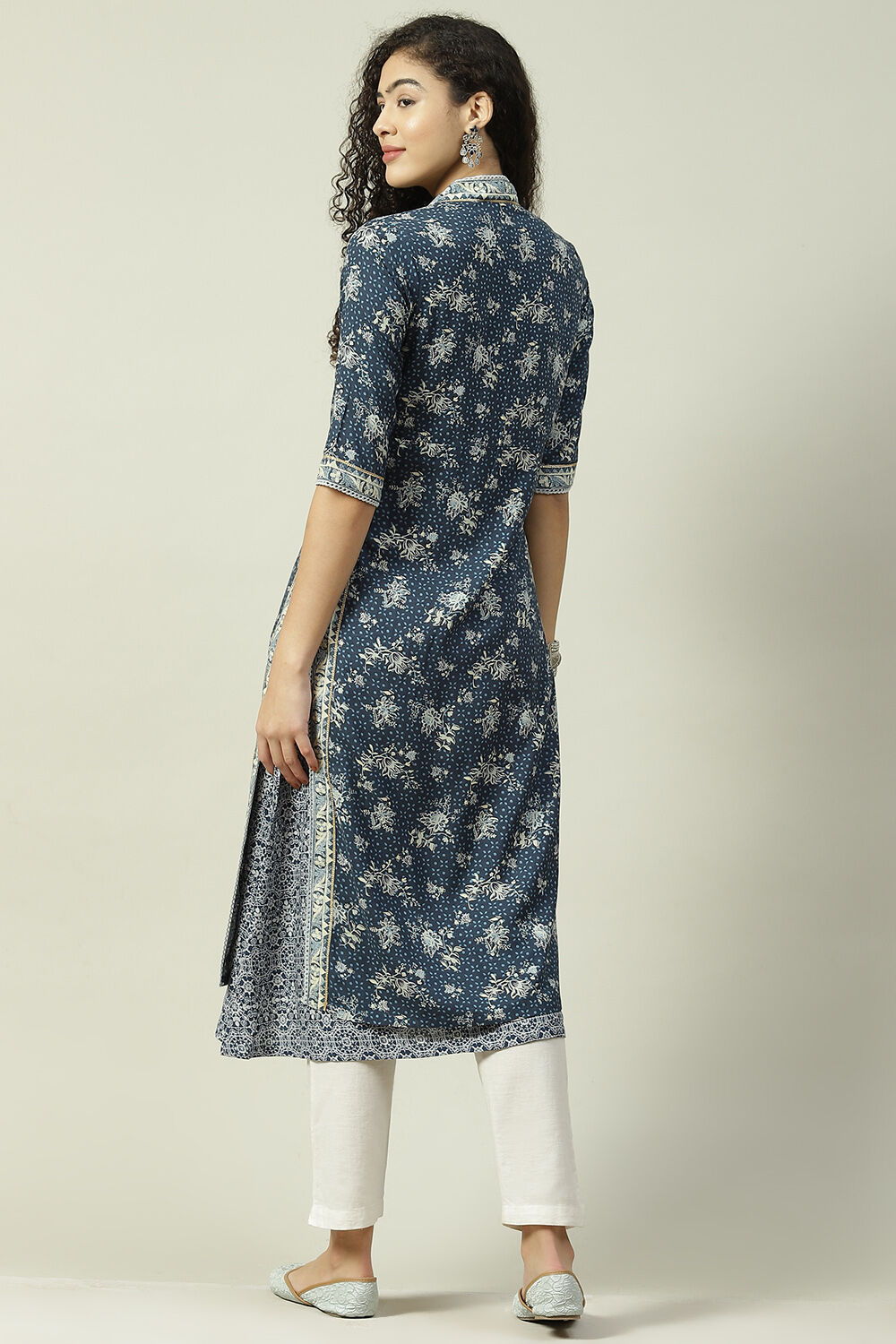 Navy LIVA A-Line Double Layered Printed Kurta image number 4