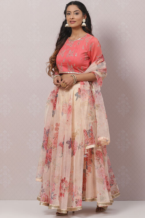 Coral Cream Poly Cotton Lehenga Set image number 5