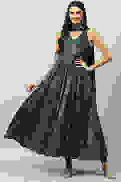 Teal Art Silk Flared Kurta Legging Suit Set image number 0