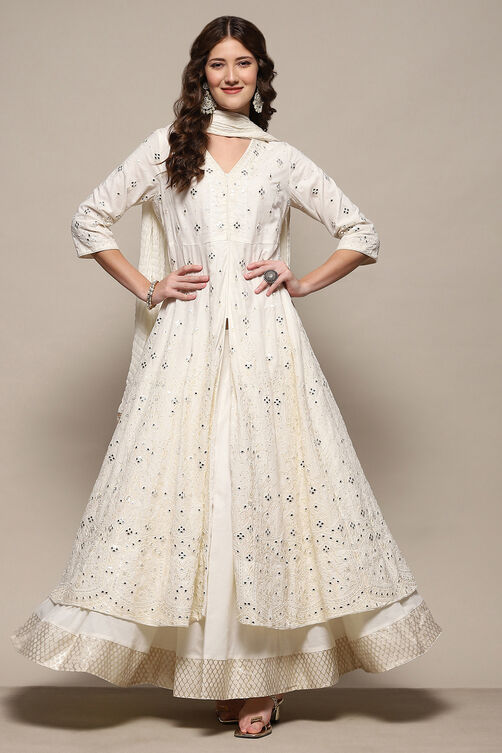 Off White Cotton Anarkali Lehenga Set image number 0