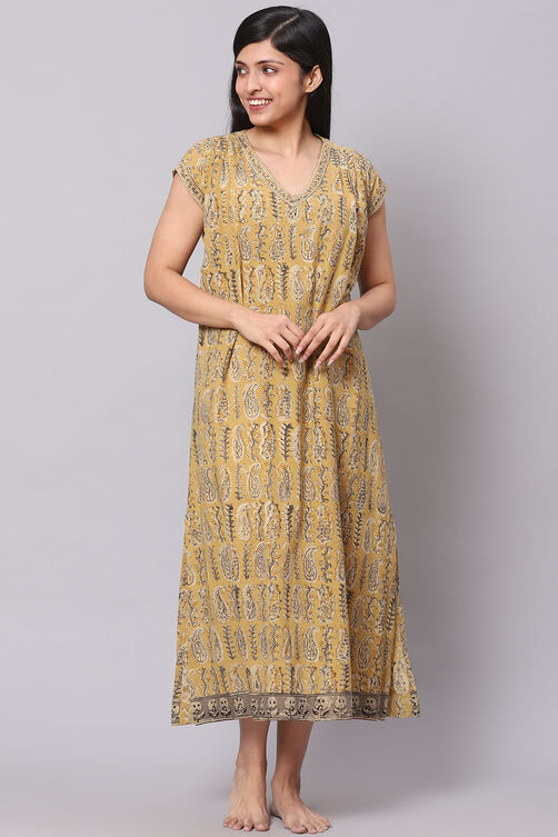 Mustard Straight Cotton Printed Sleepwear image number 5