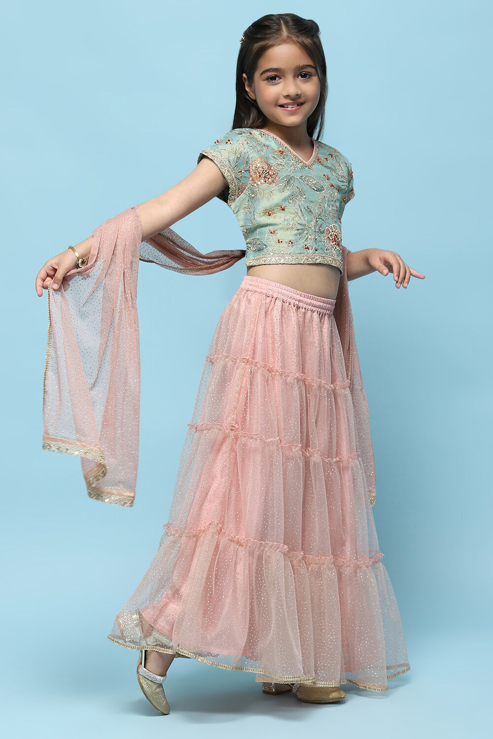 Green Cotton Tissue Blouse Tiered Lehenga & Net Dupatta image number 6