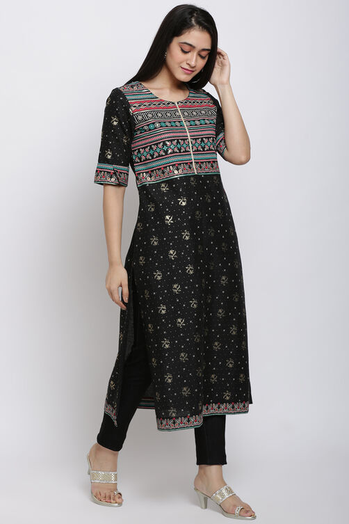 Black Cotton Flax Printed Kurta image number 3