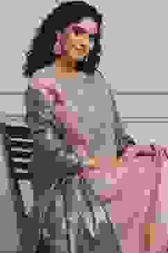 Blush Peach Cotton Tissue Embroidered Dyed Kalidar Suit Set image number 6