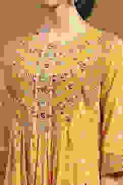 Mustard Yellow Cotton Printed Flared Festive Suit Set image number 1