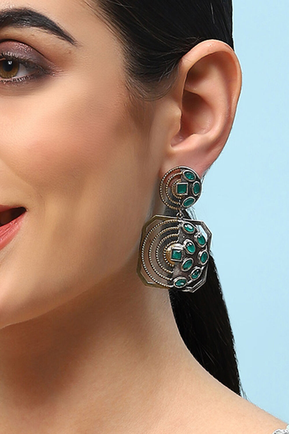 Oxidised Gold & Green Brass Earrings image number 1