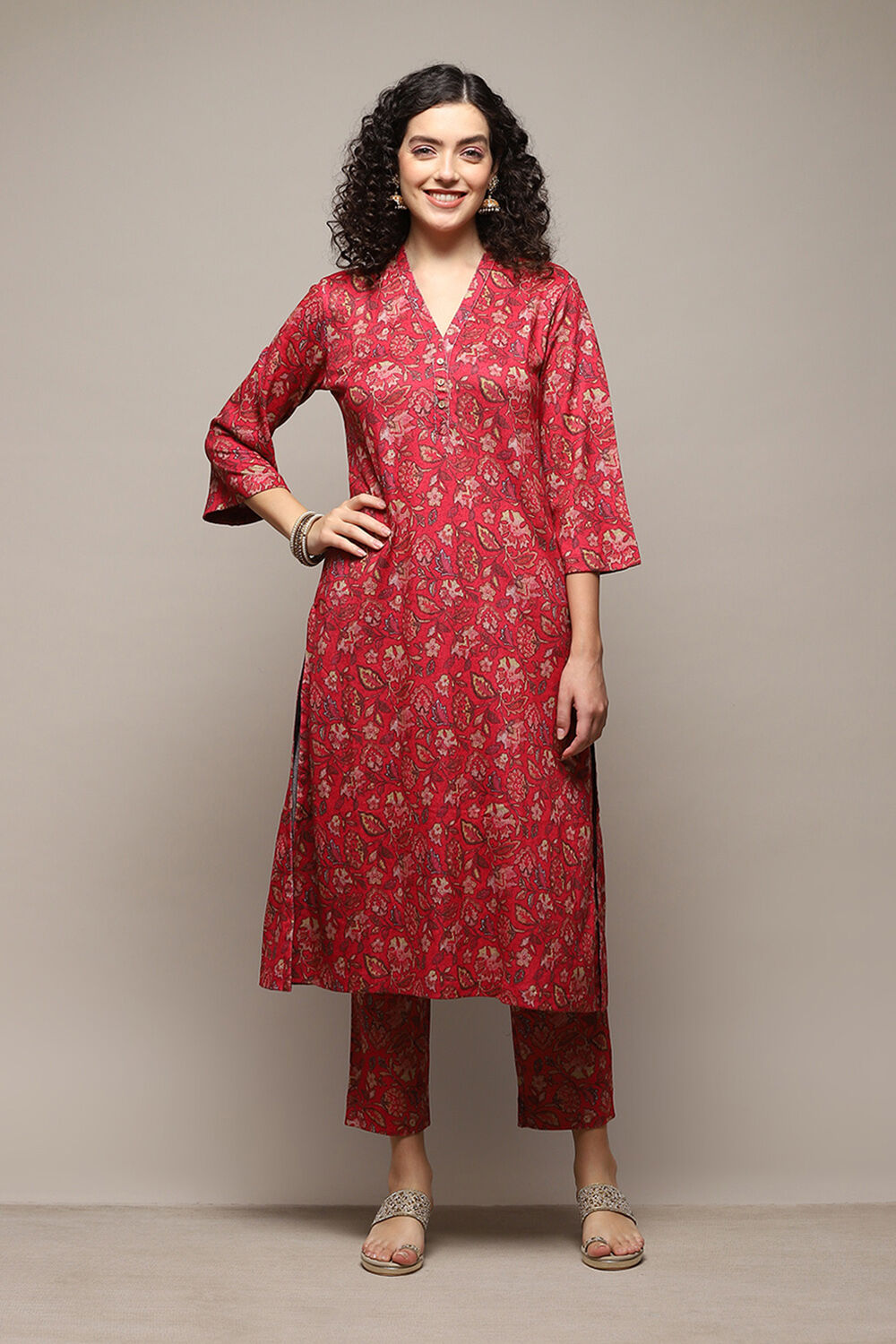 Hot Pink Spandex Blend Straight Printed 2 Piece Set at Biba India