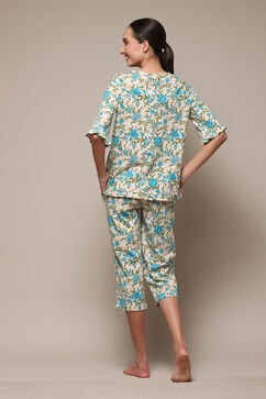 Off White & Turquoise Cotton Printed 2 Piece Sleepwear Set image number 4