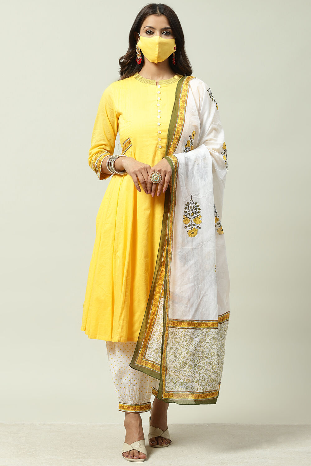 Yellow Cotton Flared Kalidar Kurta Slim Pant Suit Set image number 8