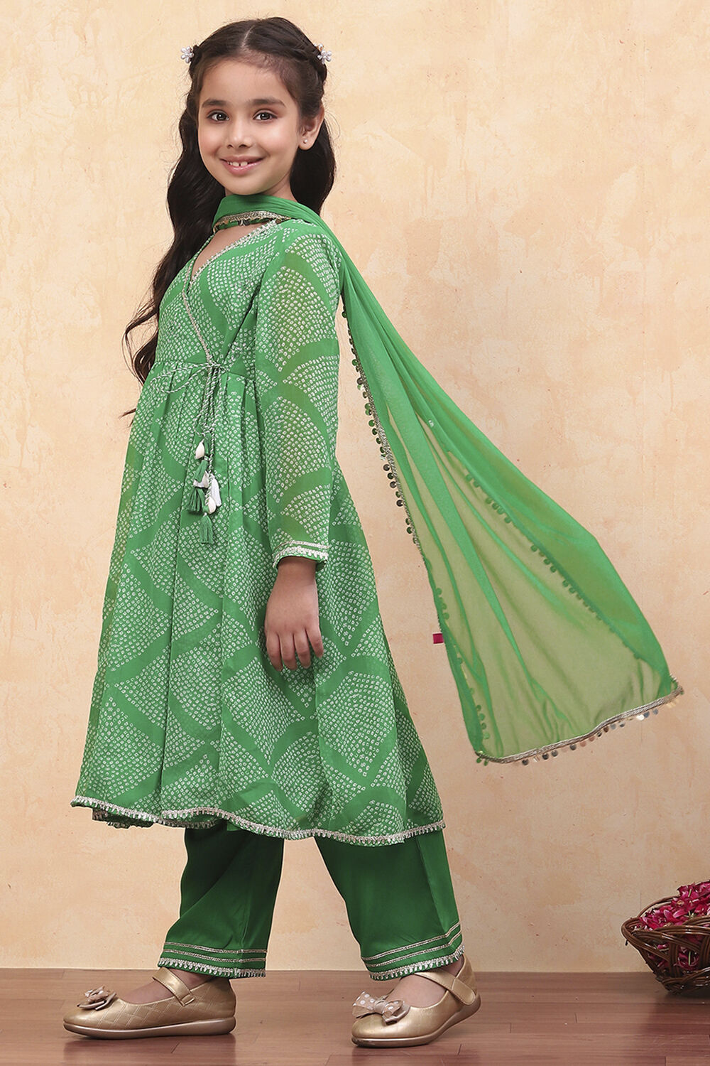 Green Georgette Bandhani Printed Angrakha Suit Set image number 6