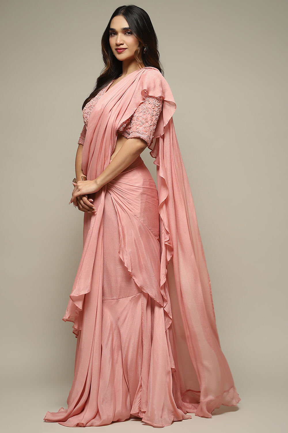 Dusty Pink Pre-Draped Nylon Saree With A Stitched Blouse image number 3