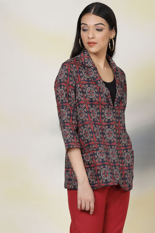 Blue Straight Art Silk Printed Jacket image number 2