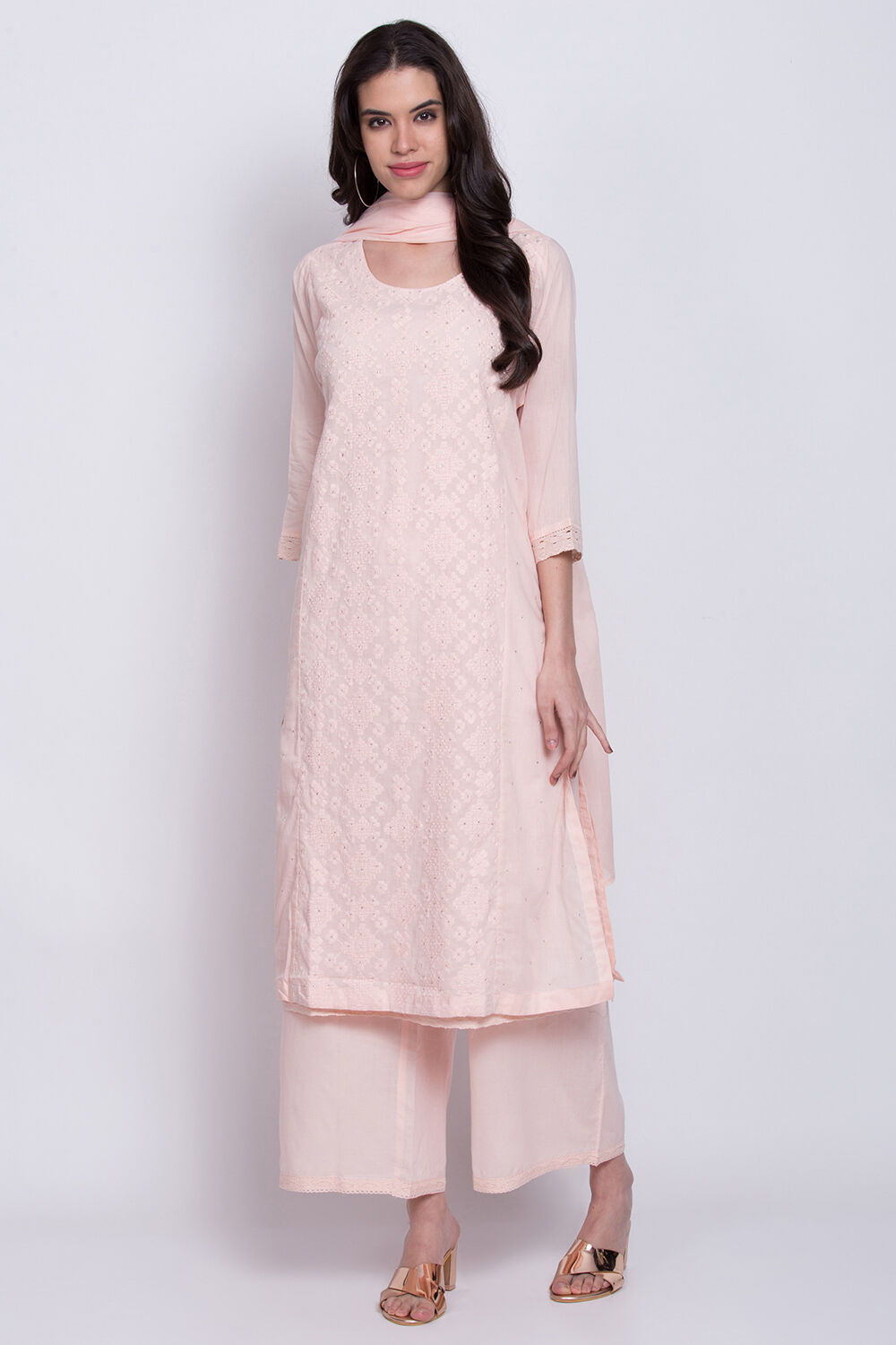 Buy Peach Cotton Chikankari Kurta Palazzo Suit Set Kurta Inner