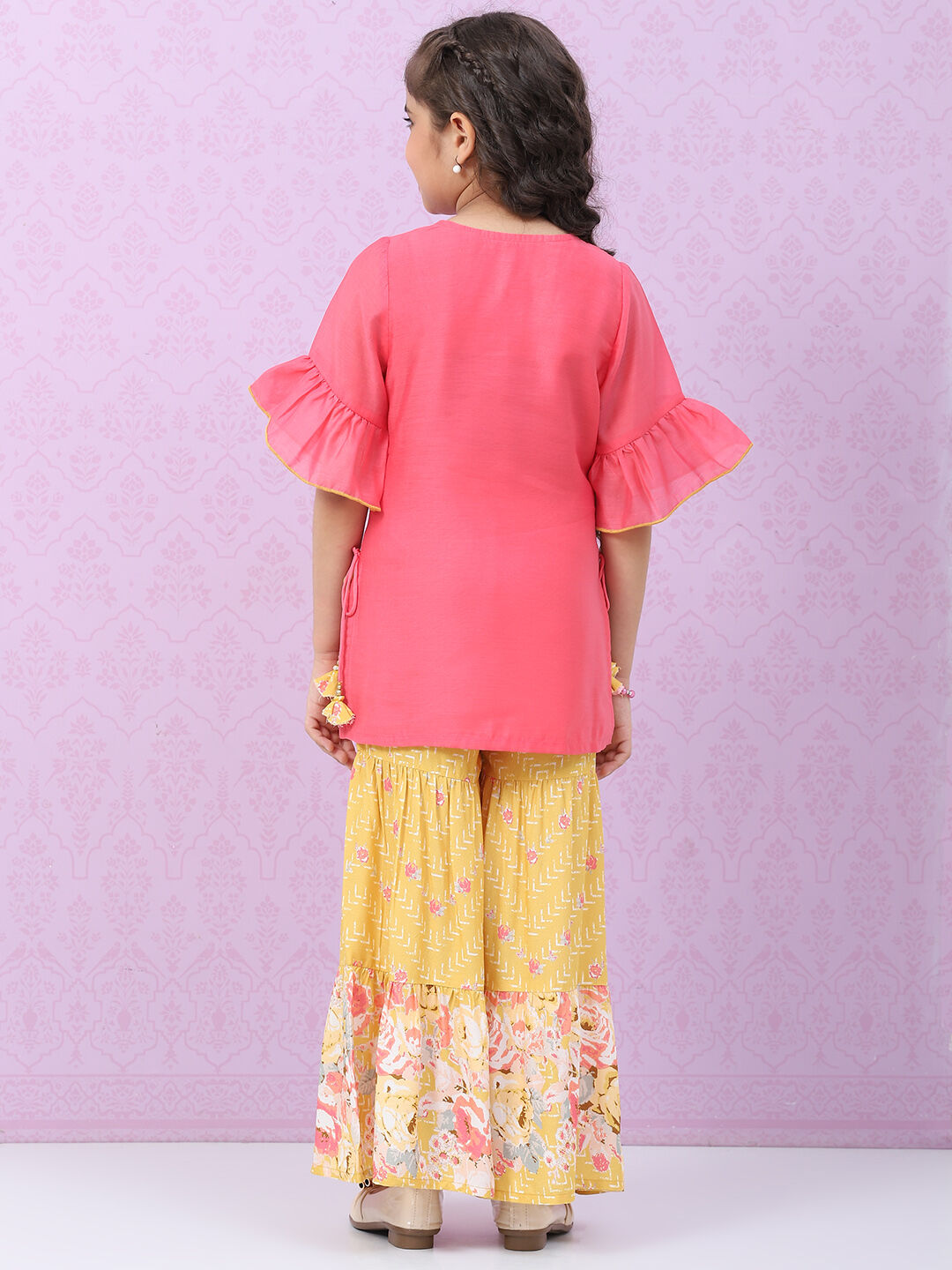 Pink & Yellow Art Silk Straight Kurta Set image number 4