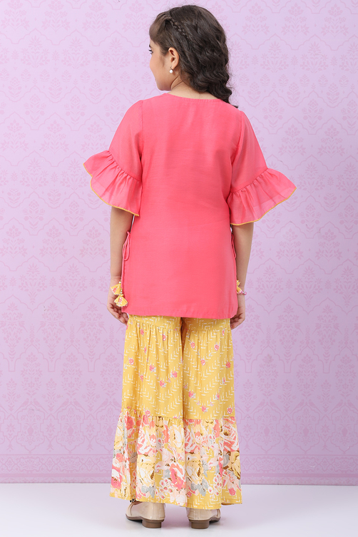 Pink & Yellow Art Silk Straight Kurta Set image number 4