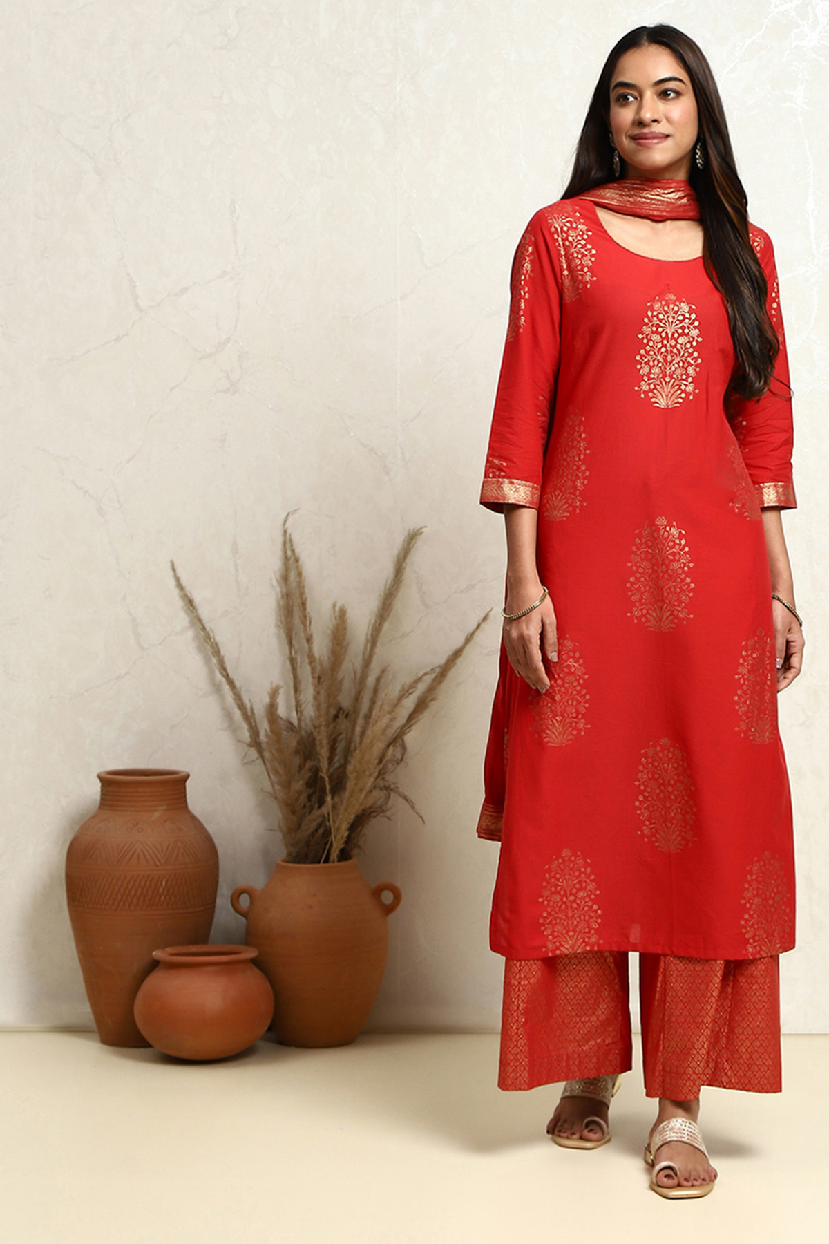 Red Cotton Printed Straight Suit Set