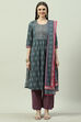 Teal Cotton Straight Kurta Palazzo Suit Set image number 5