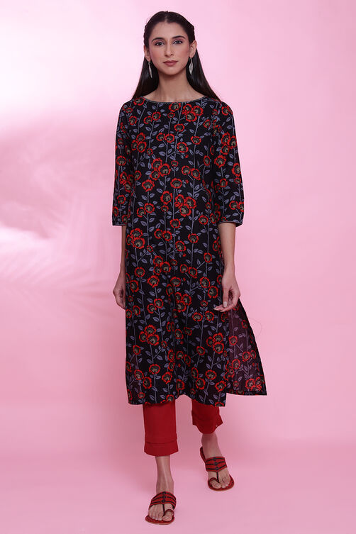 Black Cotton Straight Printed Kurta image number 4