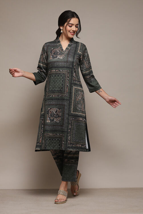 Buy Forest Green Spandex Blend Straight Printed 2 Piece Set (Kurta ...