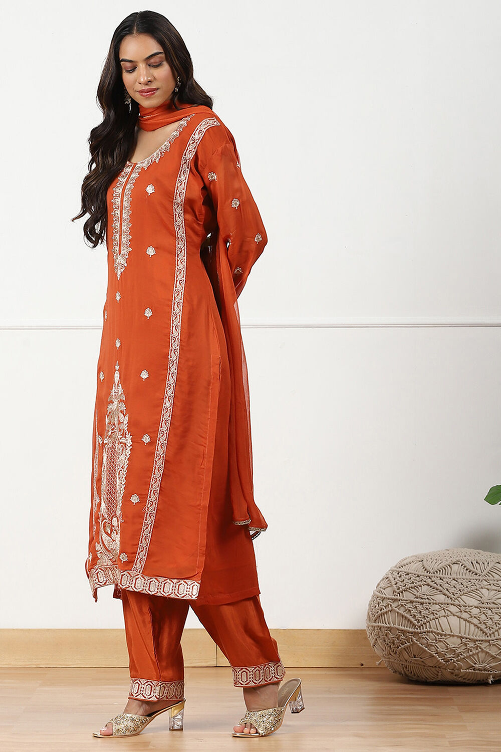 Mustard Organza Machine Embroidered Unstitched Suit Set image number 4