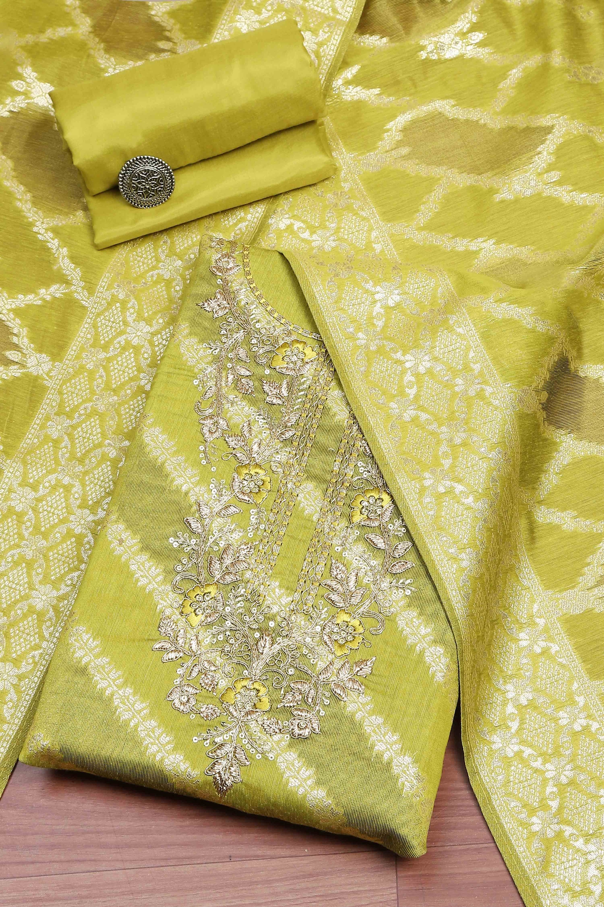Olive Tissue Chanderi Embroidered Unstitched Suit Set