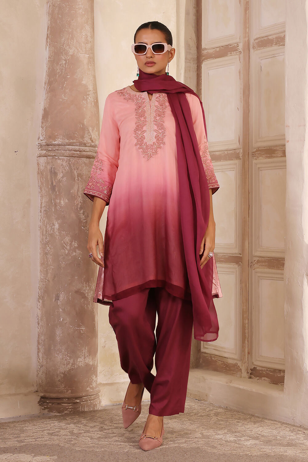 Peach Viscose Blend Straight Suit Set image number 0