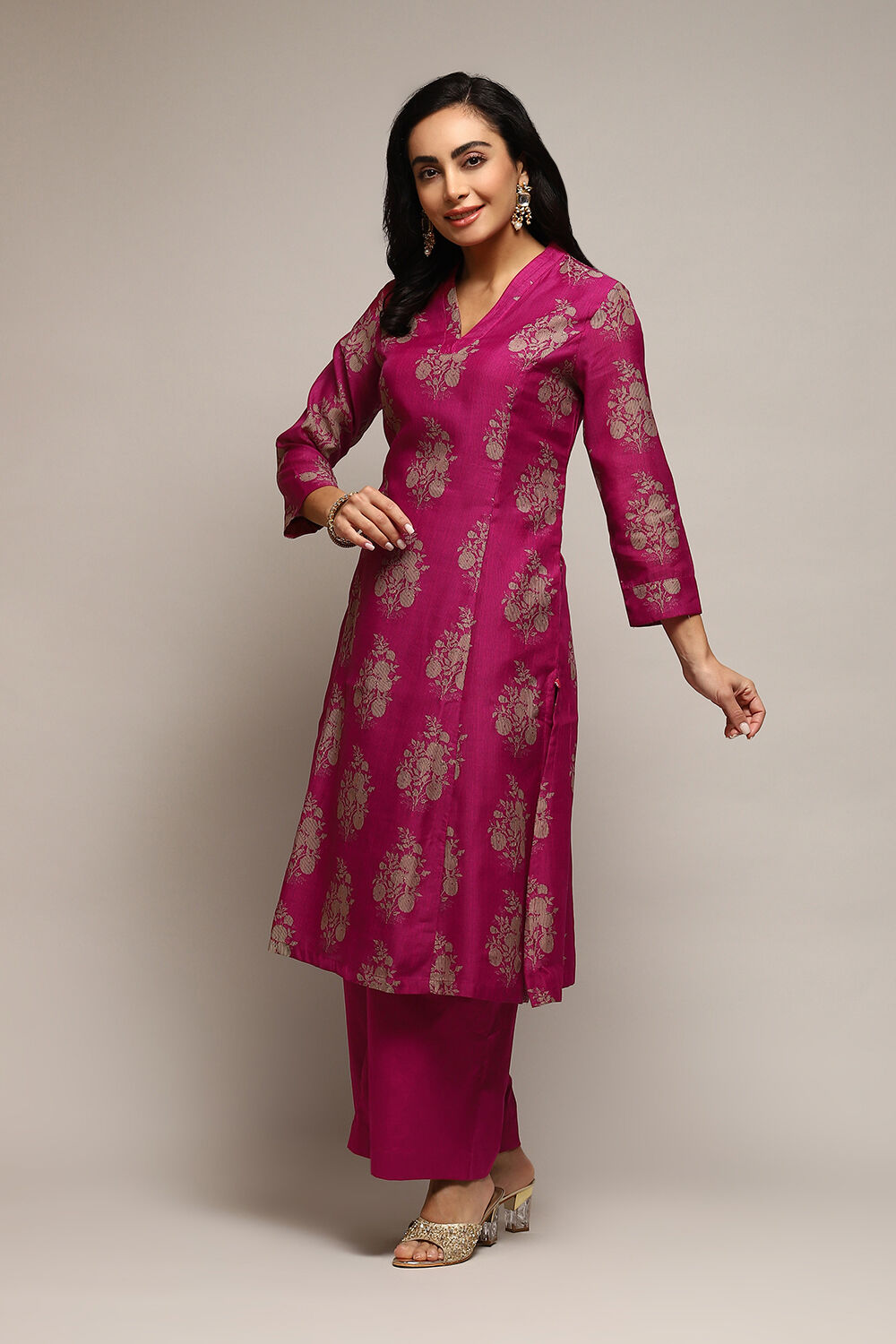 Pink Poly Chanderi A-Line Printed Kurta Palazzo Suit Set image number 3