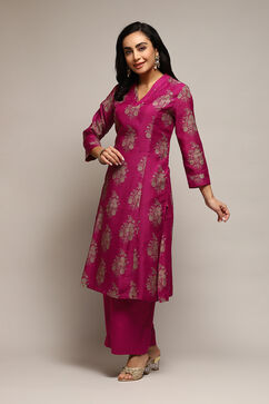 Magenta Cotton Blend A-Line Printed Kurta Palazzo Suit Set image number 3