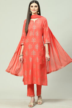 Coral Cotton Straight Kurta Regular Pant Suit Set image number 0