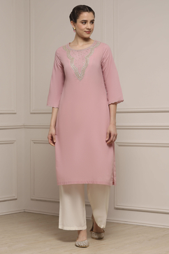 Onion Pink Cotton Straight Solid Kurta image number 0