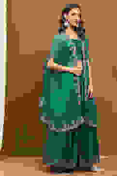 Green Silk Chanderi Festive Flared Lehenga Set image number 6