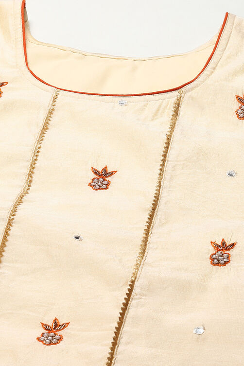 Mustard Chanderi Machine Embroidered Unstitched Suit Set image number 2